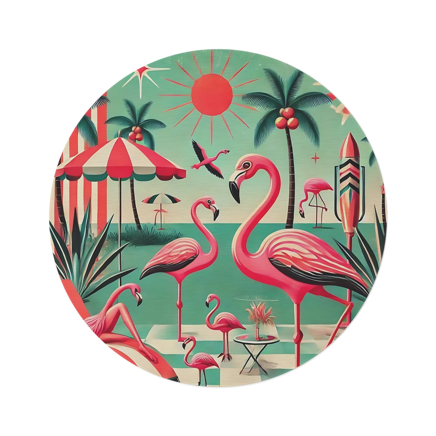 50s Mid Mod Flamingo Round Rug