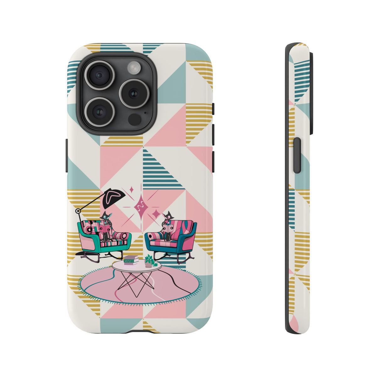 Atomic Cats Reading, Book Talk, Book Lover, Retro Chic Phone Case with Retro Vibe - Cozy Living Room Design - Mid Century Modern Gal