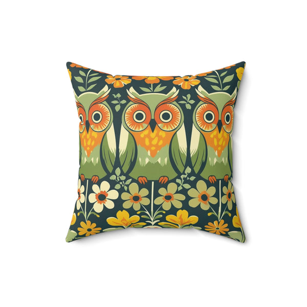 Retro Owl Flower Power Groovy 70s Floral Green, Orange Fall Pillow And Insert