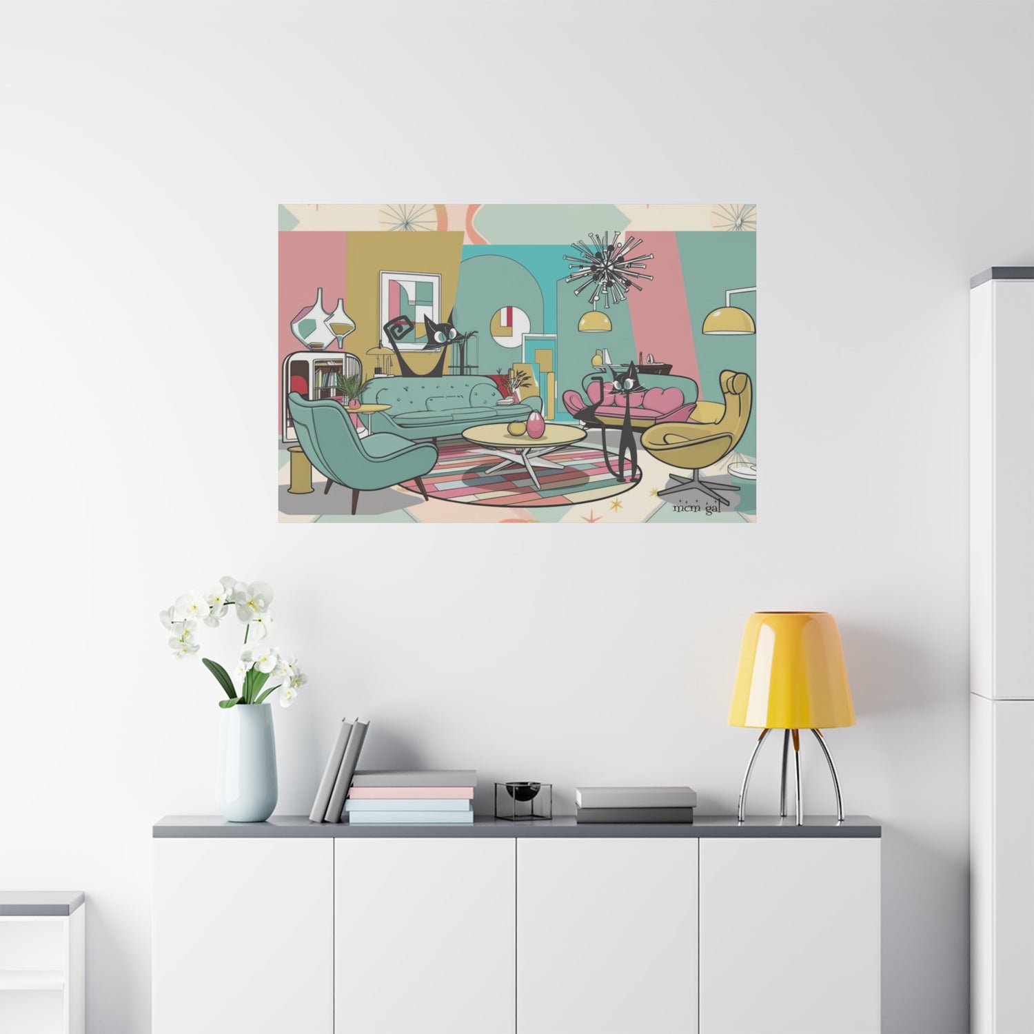 Mid-Century Modern Atomic Cat Kitschy Mod Living Room, Aqua, Pink, Starburst Original Art By MCM GAL - Mid Century Modern Gal