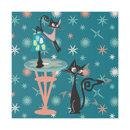 Crazy Atomic Cats, Cat Mom, Kitschy Mid Century Modern Teal Blue, Coral Pink, Mid Century Modern Wall Art