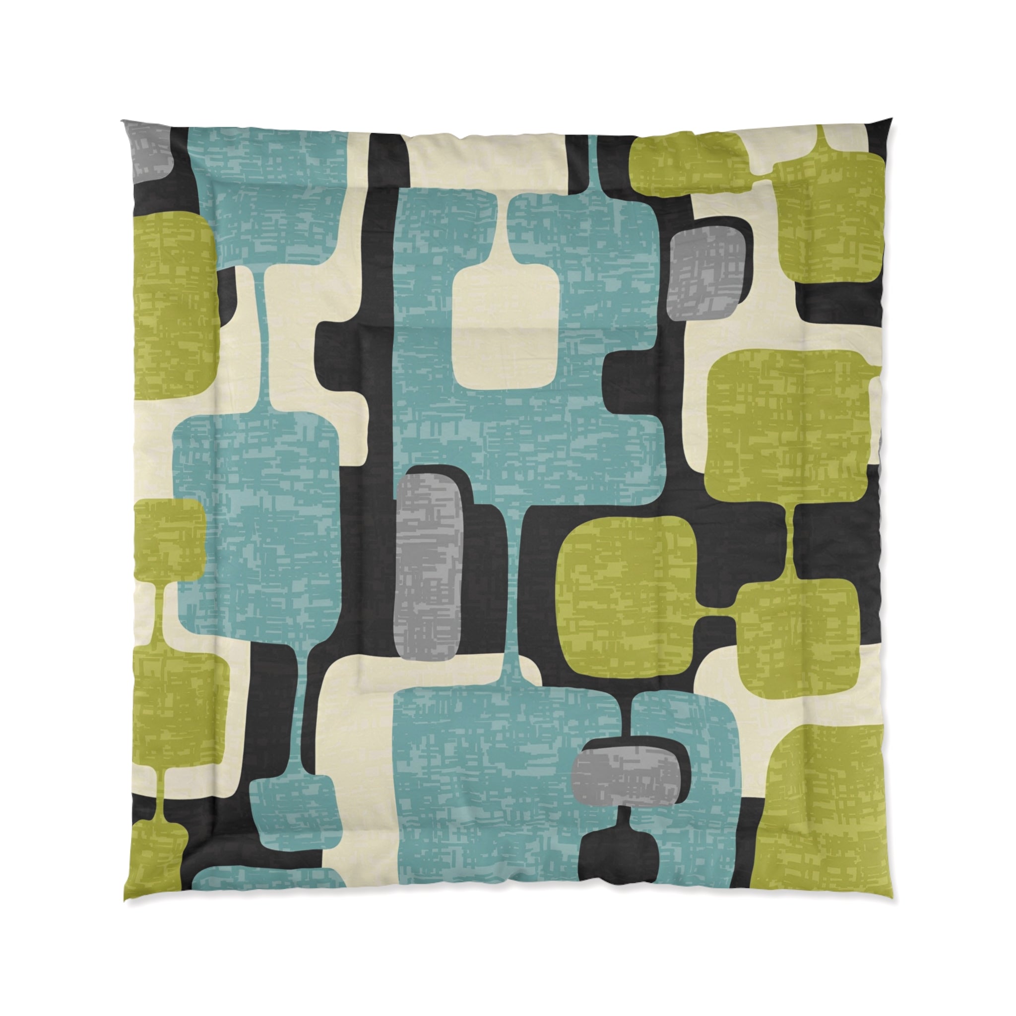 Atomic Living Bedding, Mid Century Modern, Gray, Lemon Lime Green, Aqua Blue, Geometric Retro Comforter - Mid Century Modern Gal