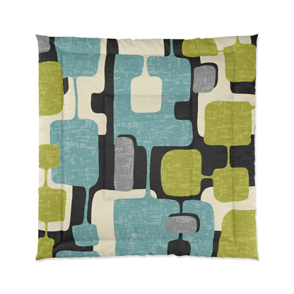 Atomic Living Bedding, Mid Century Modern, Gray, Lemon Lime Green, Aqua Blue, Geometric Retro Comforter - Mid Century Modern Gal