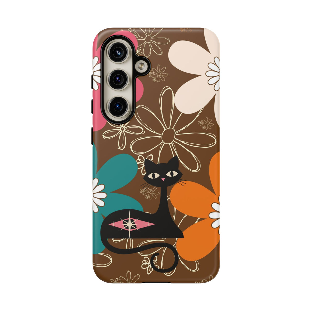 Atomic Cat Retro 70s Vibe Flower Power Tough Cases: Cute Floral and Cat Phone Case for Cat Lovers - Mid Century Modern Gal