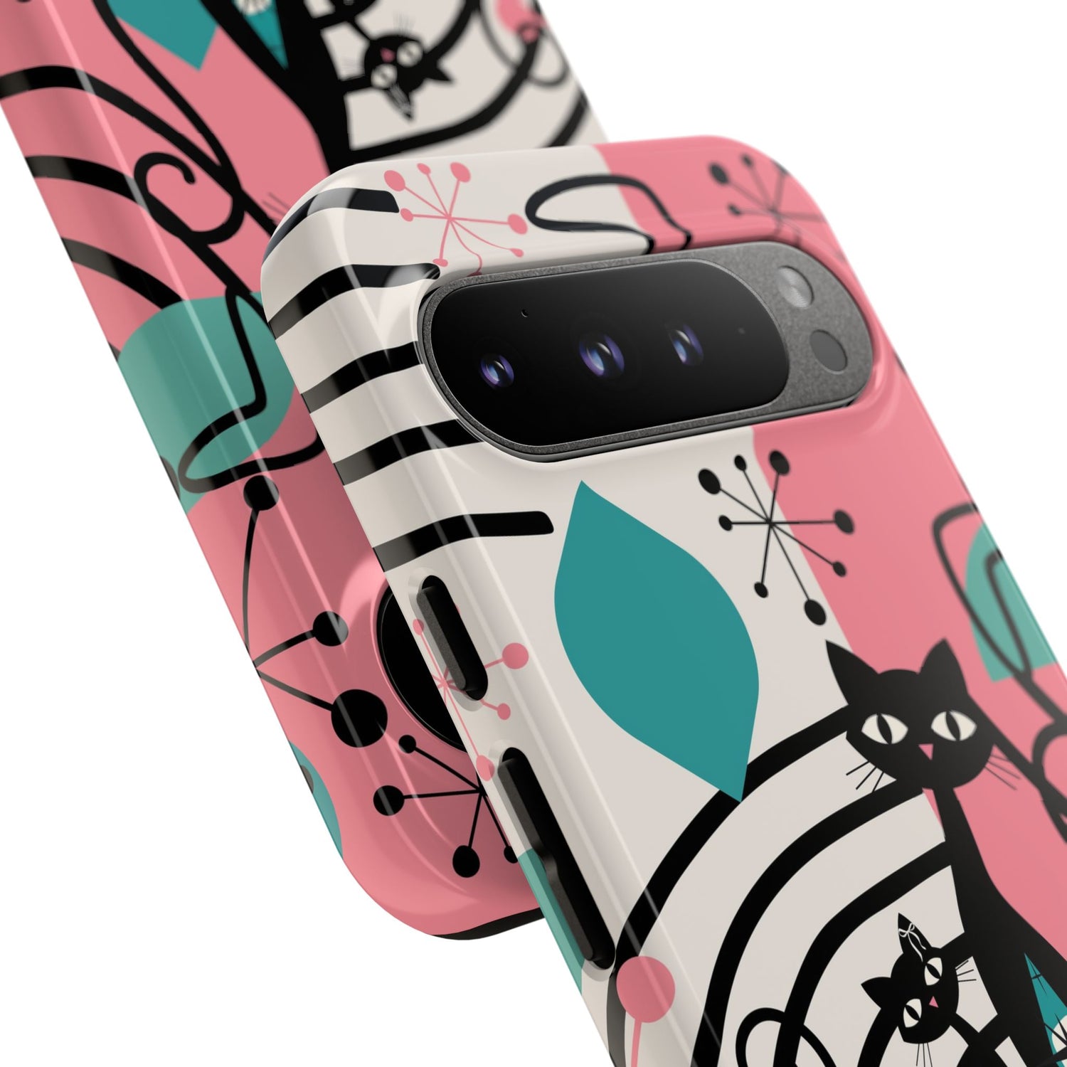 Mid Mod Atomic Cat Boomerang Starburst, Pink, Black Kitschy Stylish Cat Phone Case: Modern Design for Cat Lovers
