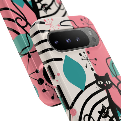 Mid Mod Atomic Cat Boomerang Starburst, Pink, Black Kitschy Stylish Cat Phone Case: Modern Design for Cat Lovers
