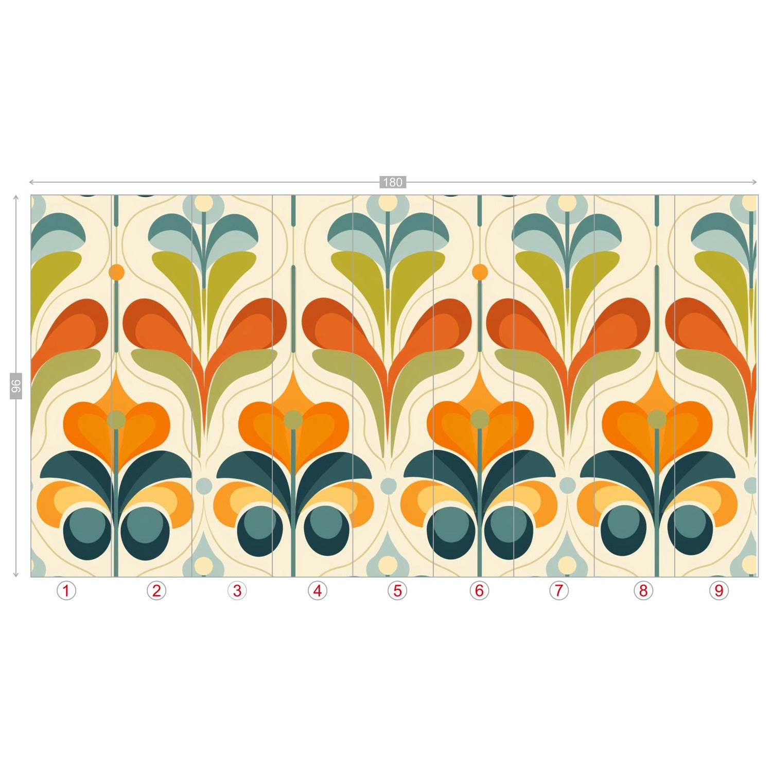 Scandinavian Floral Orange Blue, Green, Mid Mod Peel And Stick Wall Murals - Mid Century Modern Gal