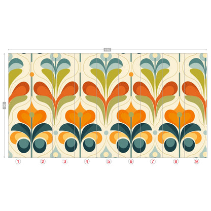 Scandinavian Floral Orange Blue, Green, Mid Mod Peel And Stick Wall Murals - Mid Century Modern Gal