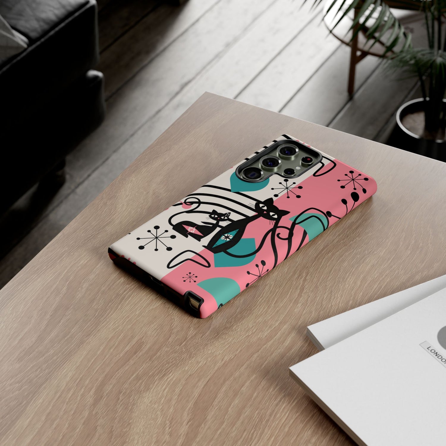 Mid Mod Atomic Cat Boomerang Starburst, Pink, Black Kitschy Stylish Cat Phone Case: Modern Design for Cat Lovers