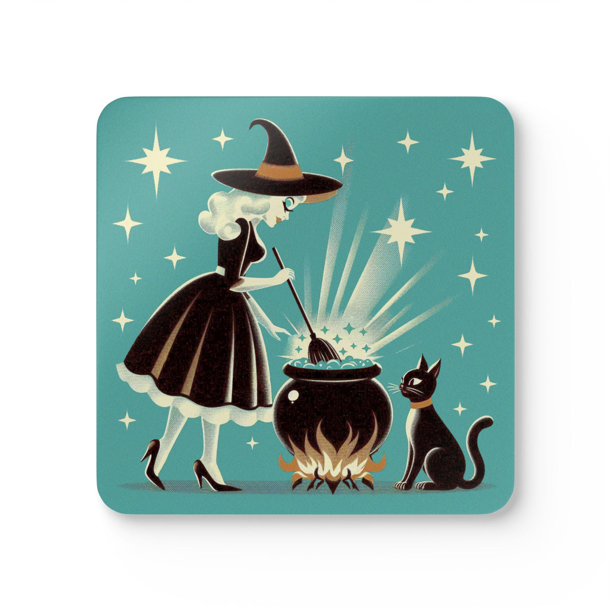 Witch's Brew Mid Century Modern Halloween Gothic Teal Corkwood Coaster Set - Mid Century Modern Gal