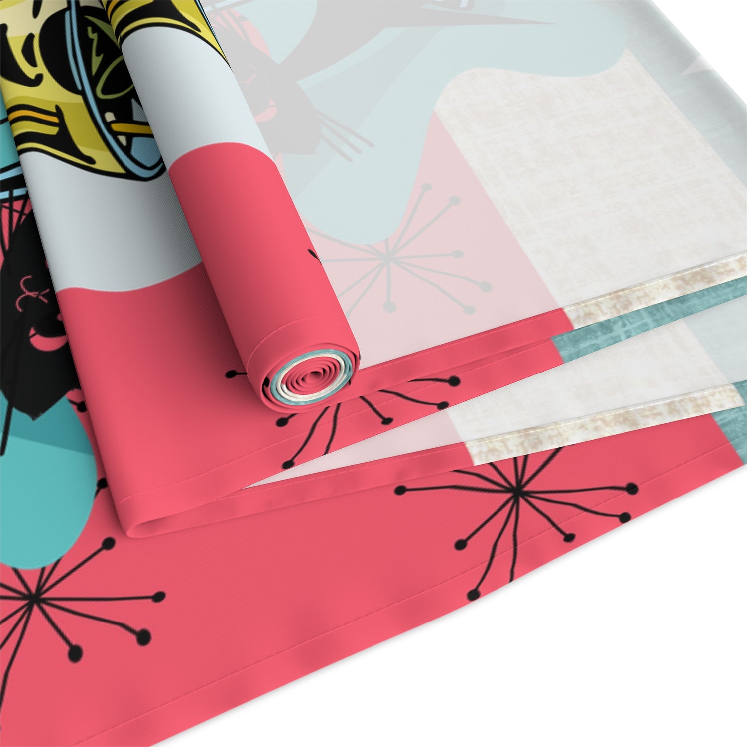 Atomic Martini Cat, Mid Mod Coral, Aqua, Starbursts Mid Century Modern Barware Table Runner - Mid Century Modern Gal