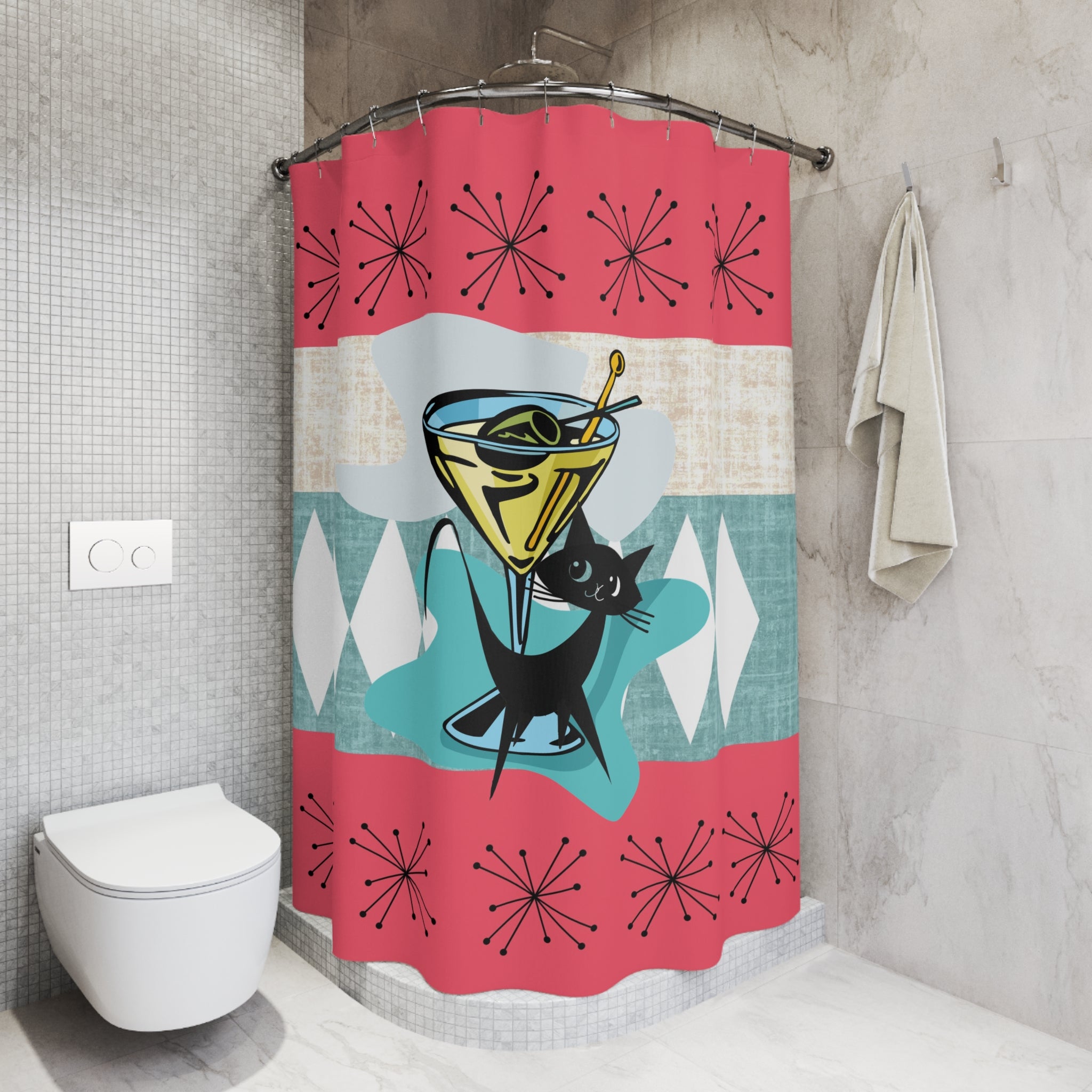 Atomic Cat, Martini Tini Time Kitschy Coral, Teal Atomic Starbursts Retro Cocktail Shower Curtain – Fun Mid-Century Design for Home Decor - Mid Century Modern Gal