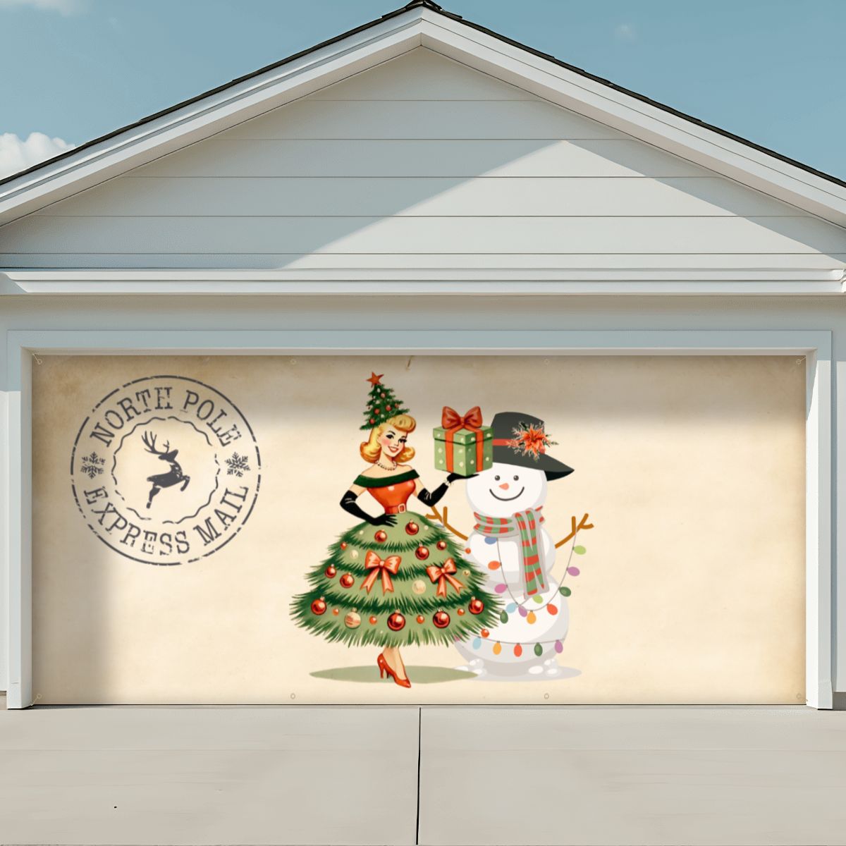 Whimsical Christmas Mid Century Modern North Pole Express Mail Garage Door Banner Backdrop - Mid Century Modern Gal