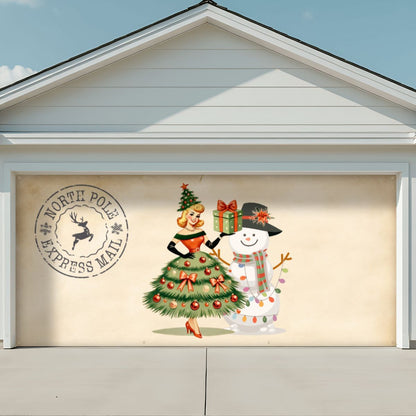 Whimsical Christmas Mid Century Modern North Pole Express Mail Garage Door Banner Backdrop - Mid Century Modern Gal