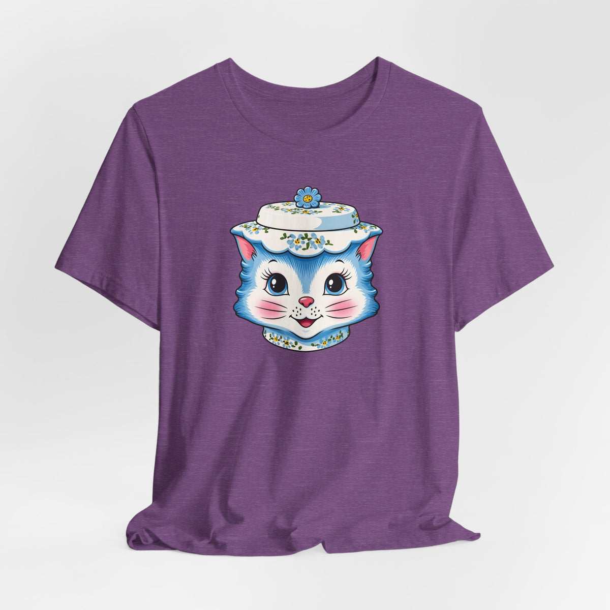 Mid Century Modern Kitschy Anthropomorphic Blue Cat with Floral Hat Unisex T-Shirt