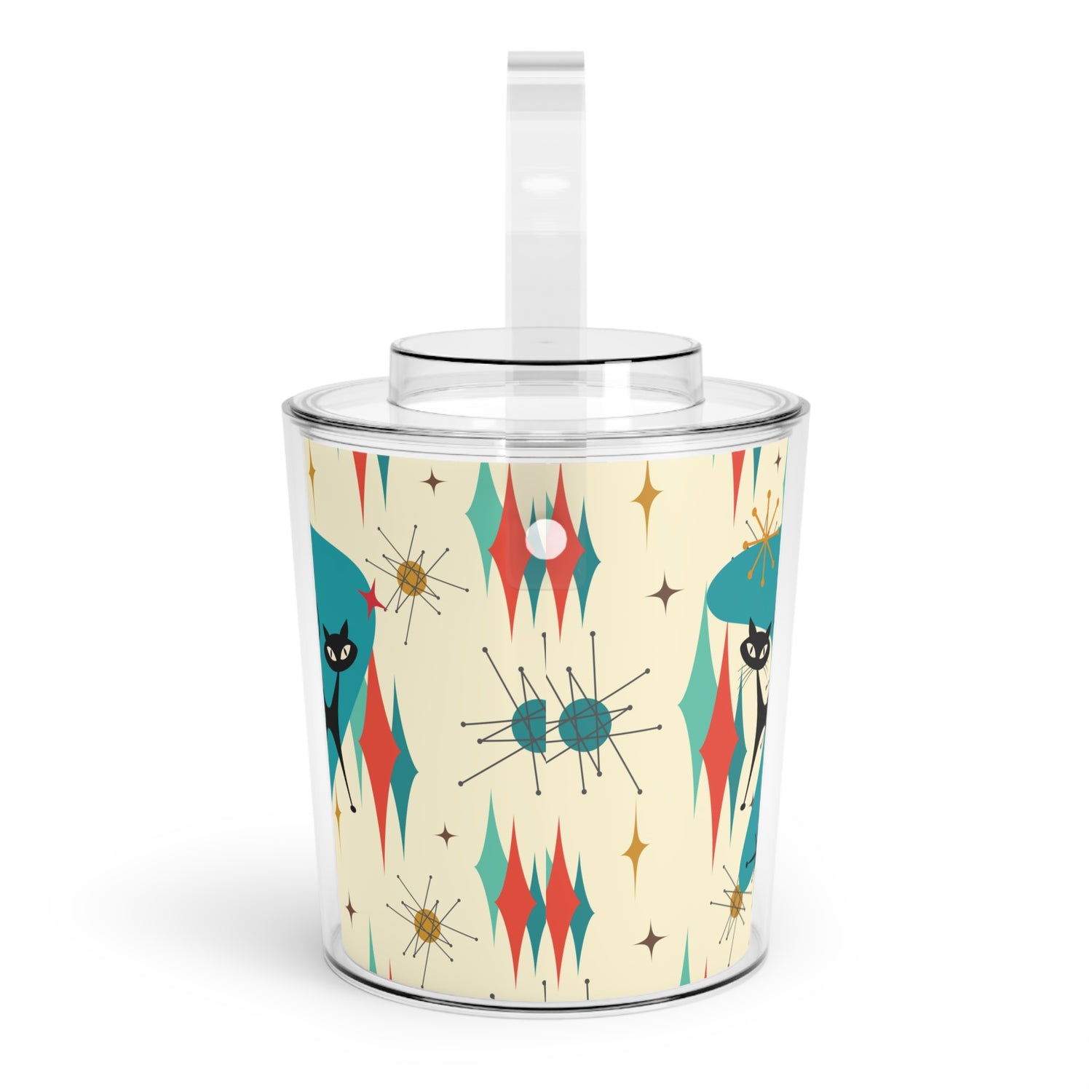 Atomic Starbursts Kitschy Cat, Atomic Cats, Mid Century ModernThemed Ice Bucket with Tongs - Mid Century Modern Gal