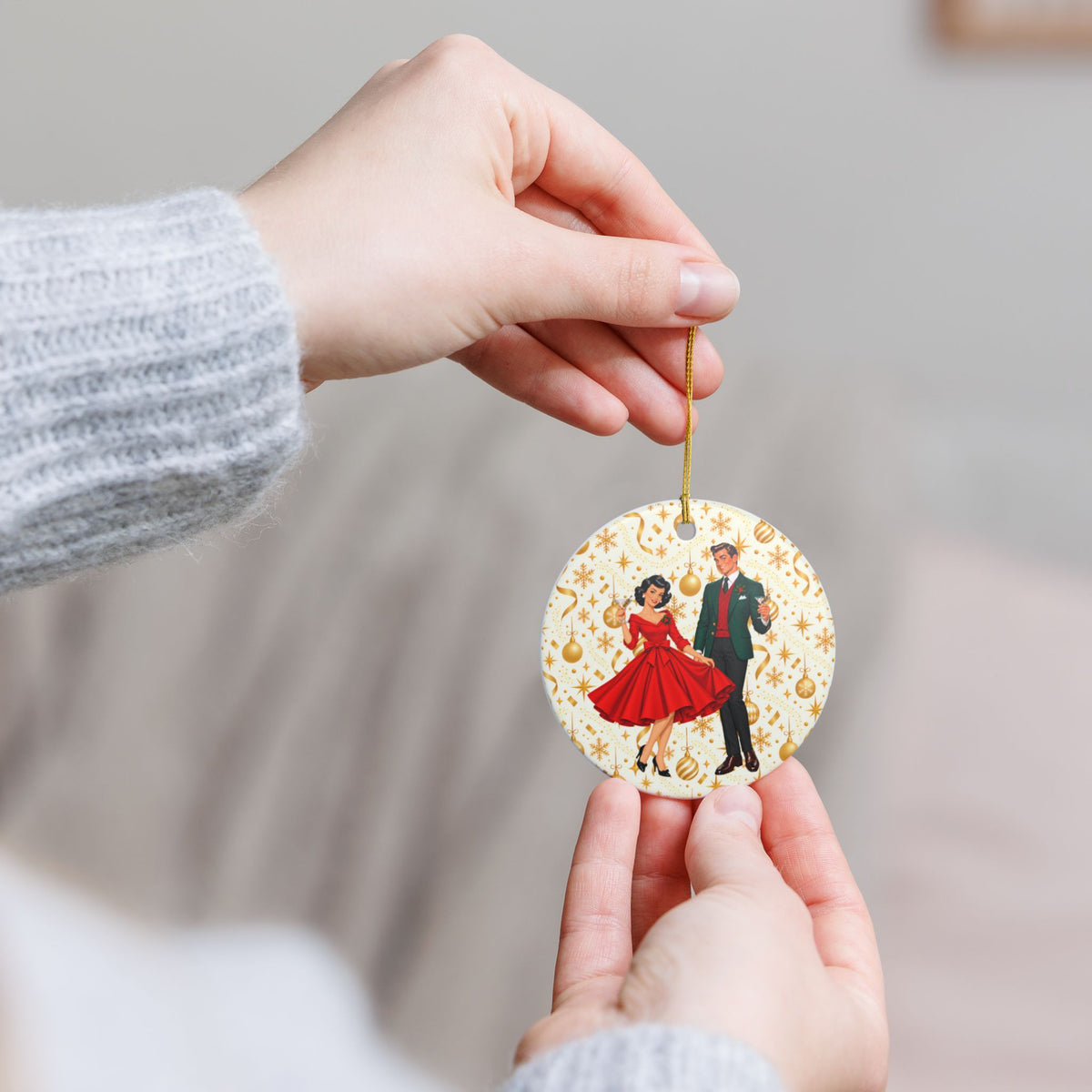 Mid Century Modern Christmas Party Martini Couple Ceramic Christmas Tree Ornament
