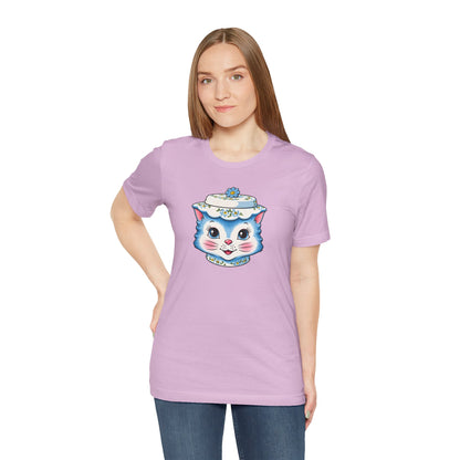 Mid Century Modern Kitschy Anthropomorphic Blue Cat with Floral Hat Unisex T-Shirt