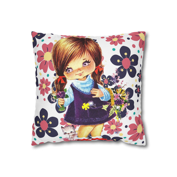Vintage 60's Big Eyed Cute Girl, Violets, Flower Power, Groovy Hippie Vibes, Pillow COVER Only