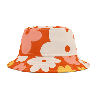 Retro 70s Flower Power  Floral Bucket Hat - Vibrant Summer Style for Festivals and Casual Outings - Mid Century Modern Gal