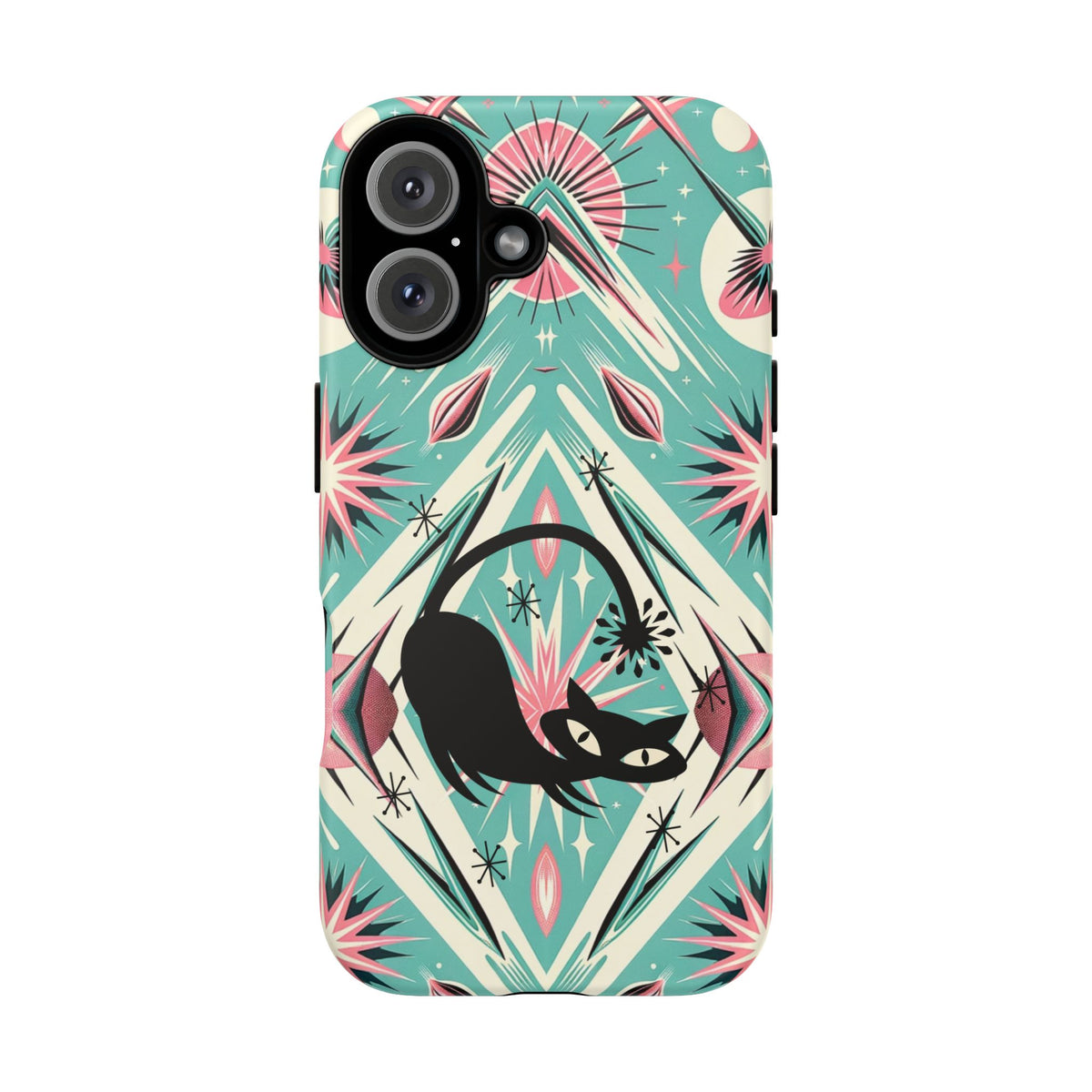 Atomic Cat, Mid Century Modern Aqua Blue, Pink, Starbursts Tough Phone Case