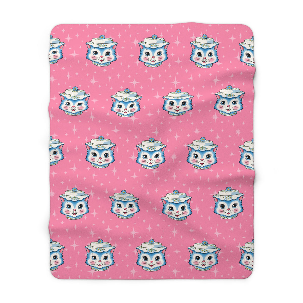 Mid Century Modern Kitschy Anthropomorphic Blue Cat with Floral Hat Sherpa Fleece Blanket - Mid Century Modern Gal