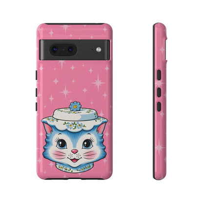 Mid Century Modern Kitschy Anthropomorphic Blue Cat with Floral Hat Tough Phone Case