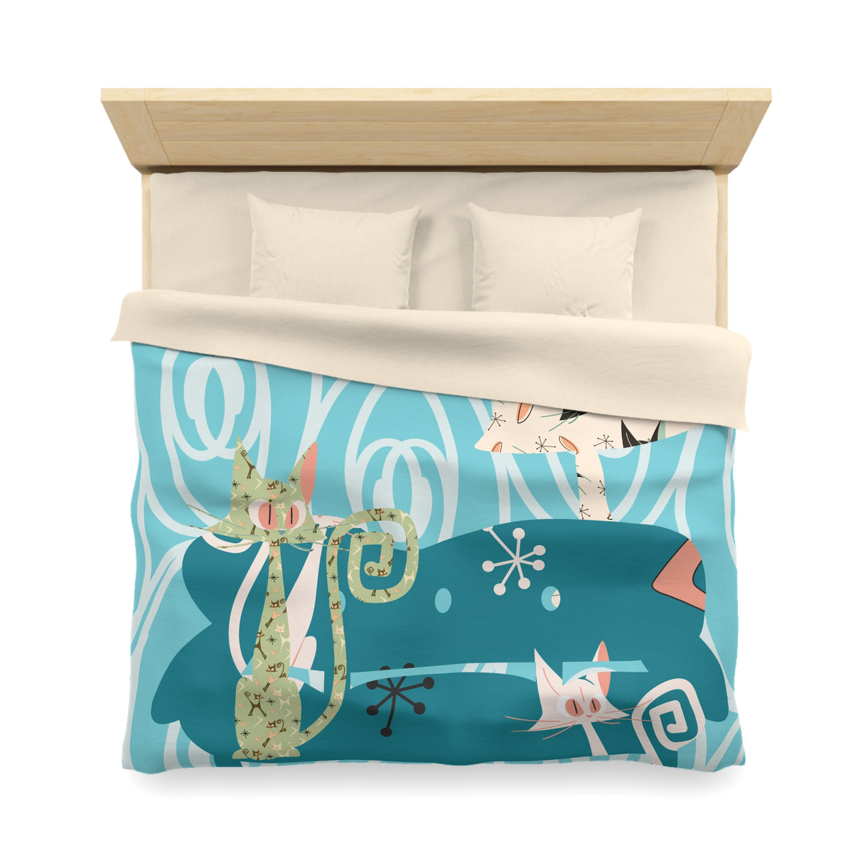 Atomic Cat Bedding, Mid Century Modern Style, Quirky, Whimsical Blue, Coral, Kitschy 50s Funky Fun MCM Duvet Cover - Mid Century Modern Gal