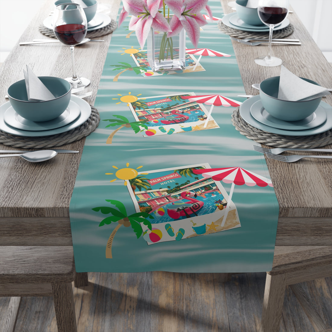 Hotel California, Kitschy Mod Flamingo Atomic Cat, Mid Mod Party Tropical Paradise Table Runner - Mid Century Modern Gal