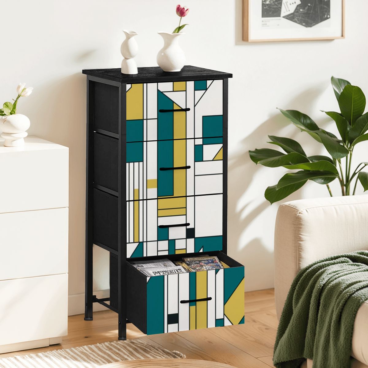 Bauhaus Designed Geometric Green, Teal Mid Century Modern 4-Drawer Dresser - Mid Century Modern Gal