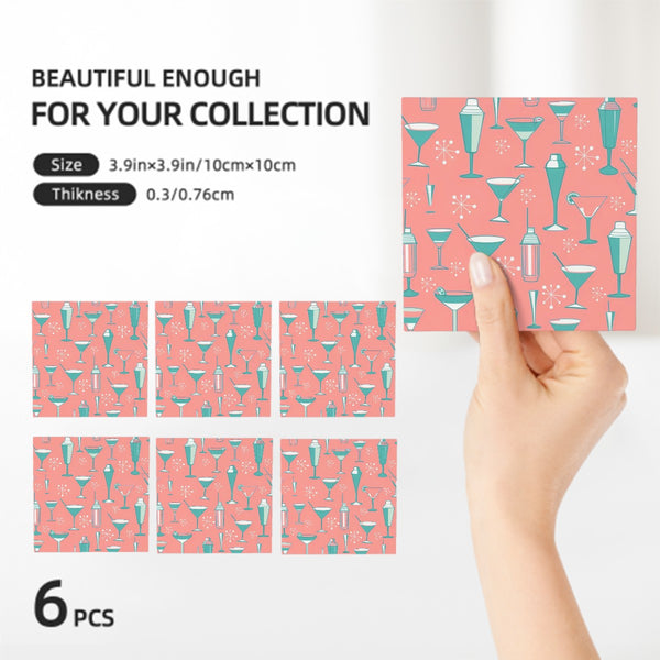 Palm Springs Cali Martini Bar Kitschy Mid Century Coral Aqua Square Ceramic Coasters Set of 6