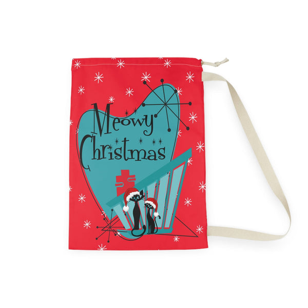 Mid Century Modern Christmas Bag Present Sack, Gift Sack, Atomic Cats, Meowy Christmas Red And Aqua Christmas Decor