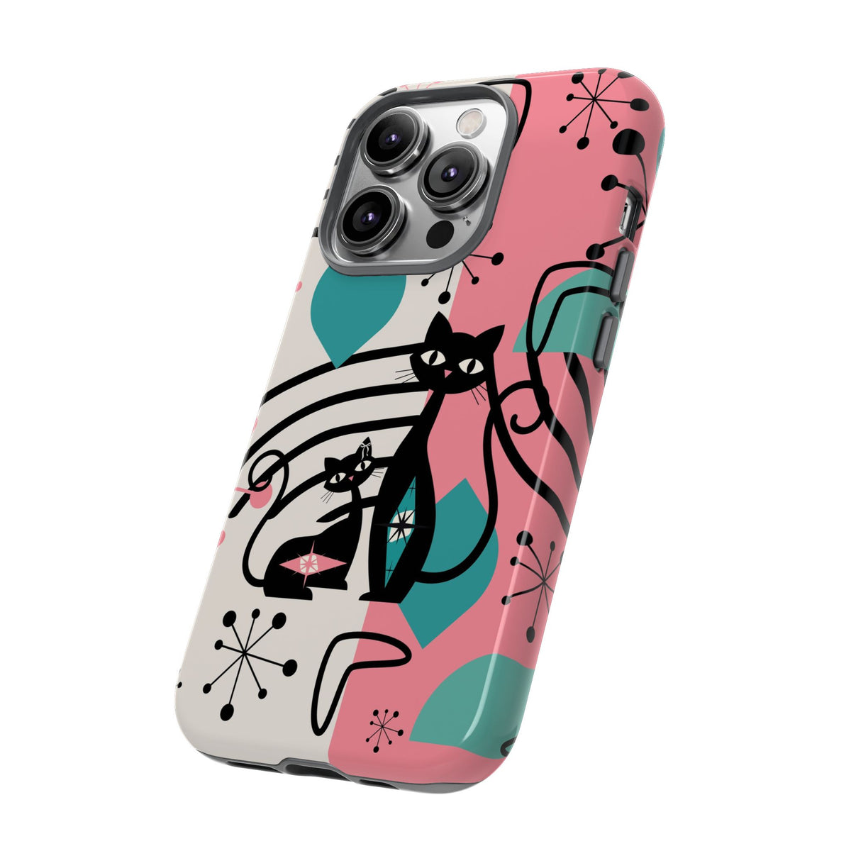 Mid Mod Atomic Cat Boomerang Starburst, Pink, Black Kitschy Stylish Cat Phone Case: Modern Design for Cat Lovers