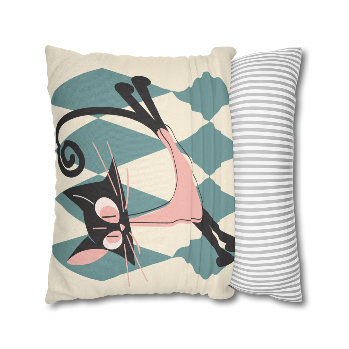 Atomic Kittie, Boomerang Mid Mod Atomic Cat, Harlequin Diamond Kitschy Pillow Cover - Mid Century Modern Gal
