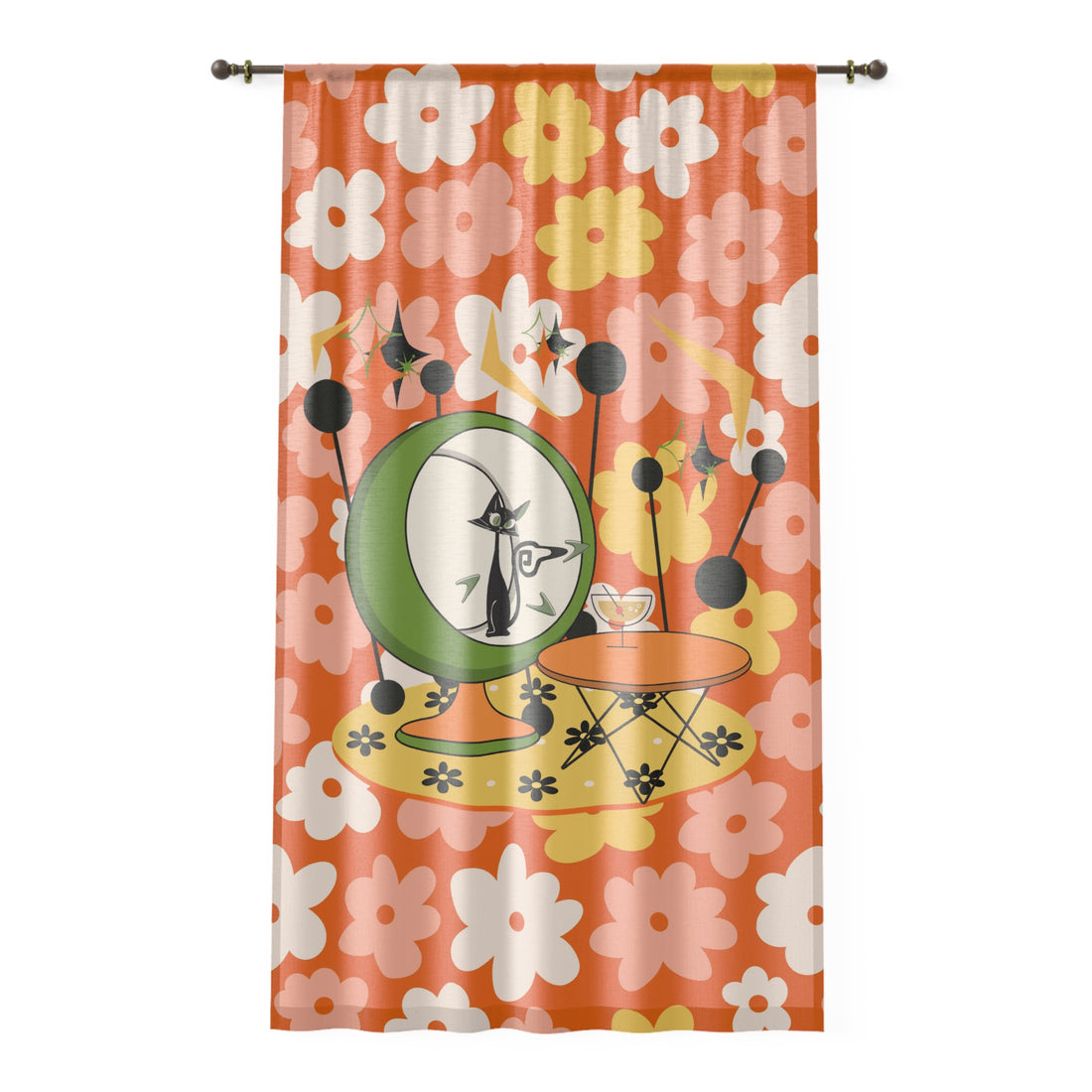 Atomic Groovy Cat, Vibrant Floral Sheer Window Curtain - Retro Design - Mid Century Modern Gal