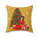 Mid Century Modern Christmas Glamour Gal Wrapping Presents by Tree, Gold Atomic Starbursts Pillow Cover and Insert