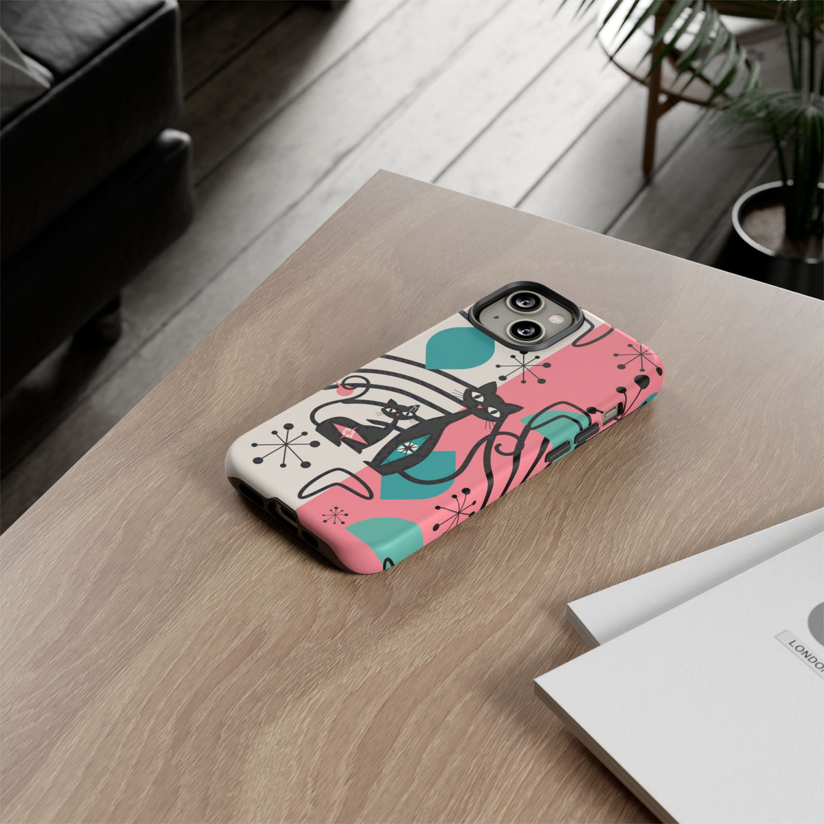 Mid Mod Atomic Cat Boomerang Starburst, Pink, Black Kitschy Stylish Cat Phone Case: Modern Design for Cat Lovers