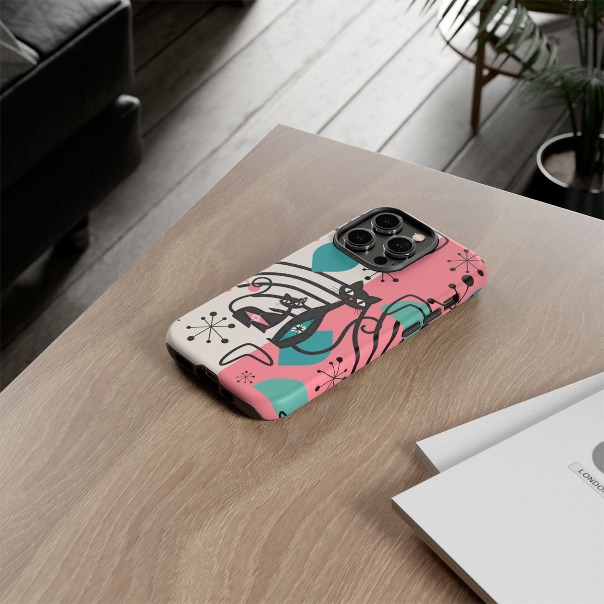 Mid Mod Atomic Cat Boomerang Starburst, Pink, Black Kitschy Stylish Cat Phone Case: Modern Design for Cat Lovers