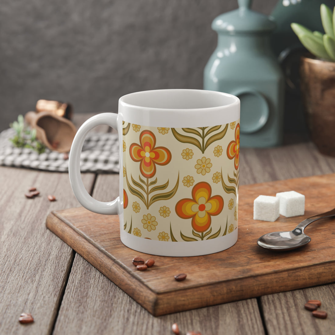 70s Flower Power, Daily Cup of Retro White Ceramic Mug, 11oz