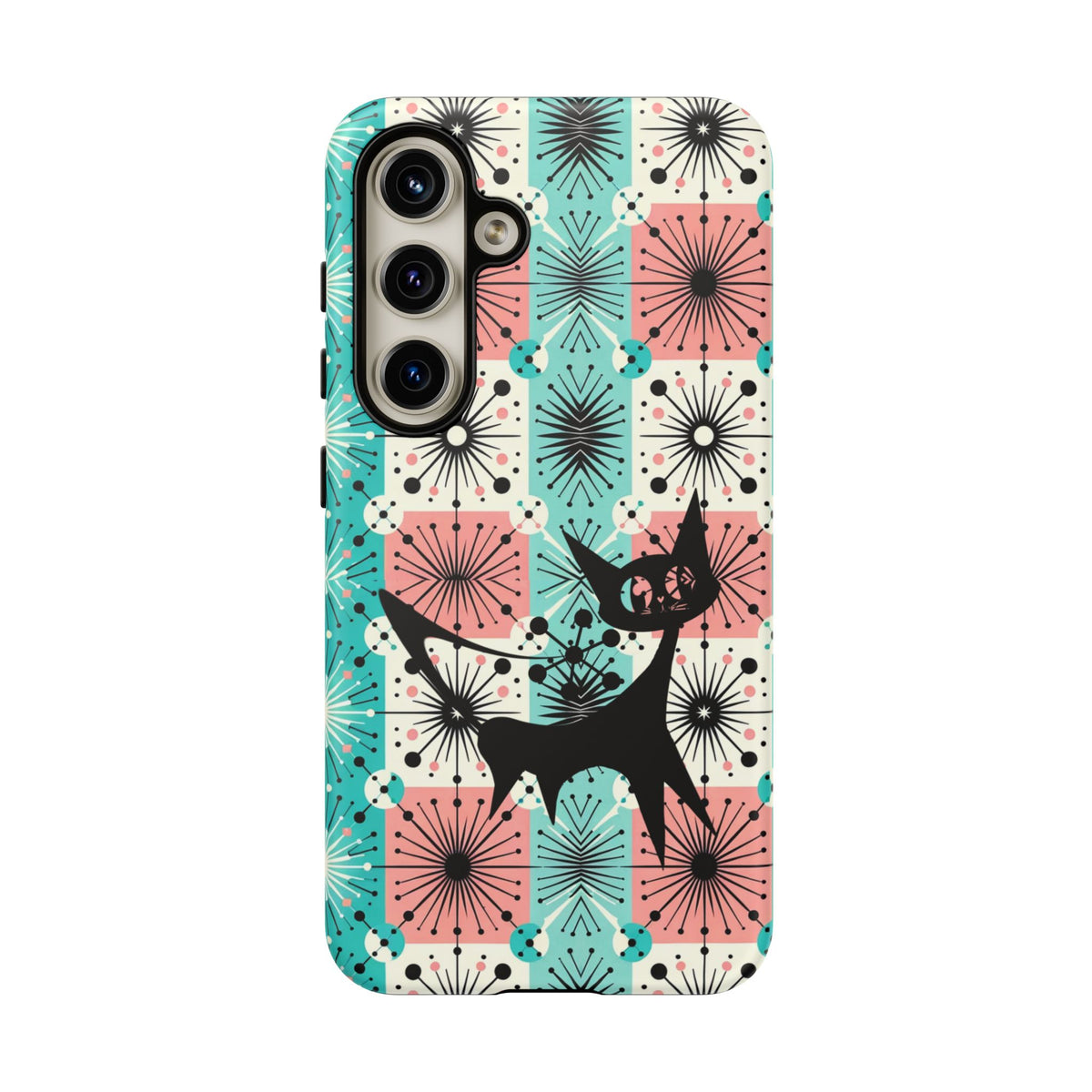 Atomic Kitschy Cat, Mid Century Modern Pink, Aqua Starbursts Tough Phone Case