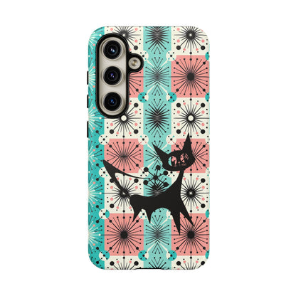 Atomic Kitschy Cat, Mid Century Modern Pink, Aqua Starbursts Tough Phone Case
