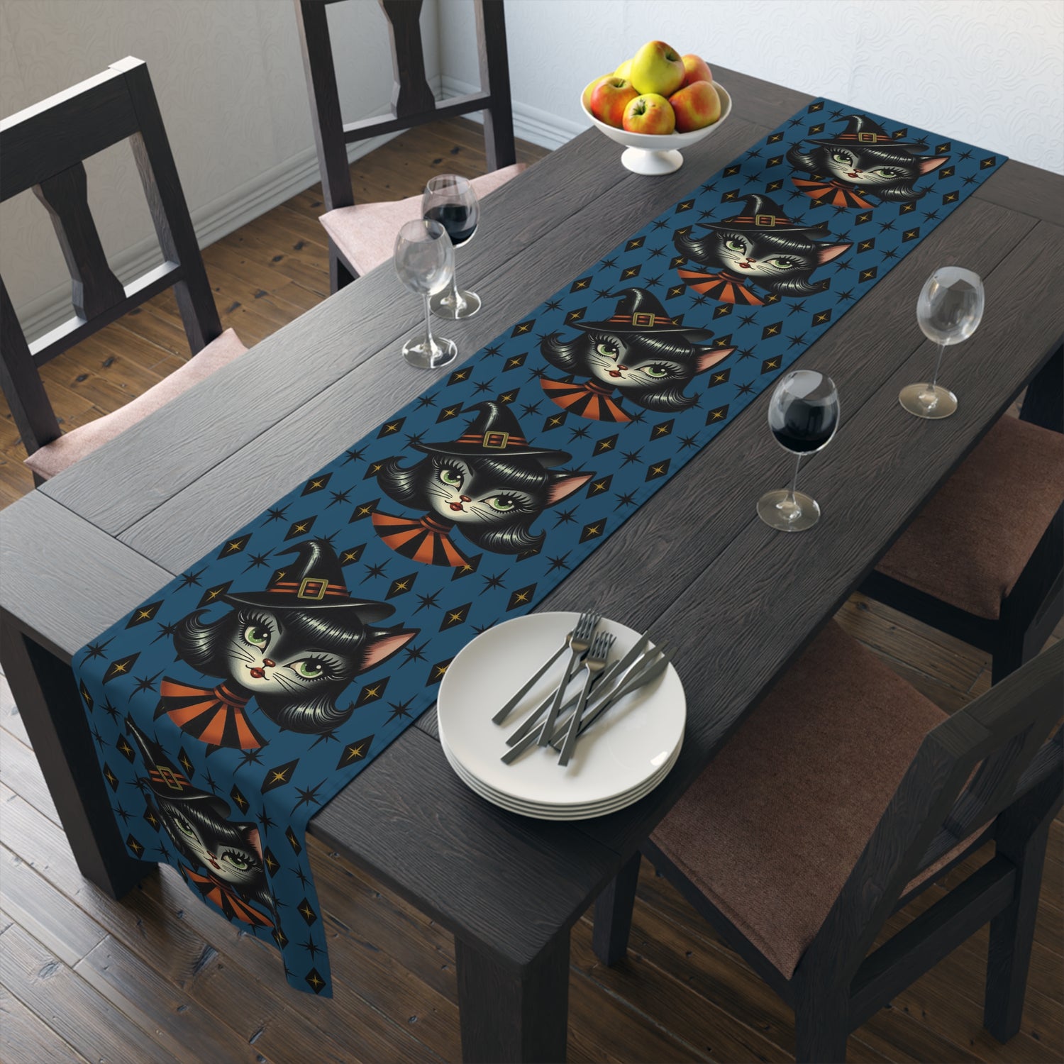 Vintage Halloween Black Cat Sexy Sexton Mid Century Modern Blue Table Runner - Mid Century Modern Gal