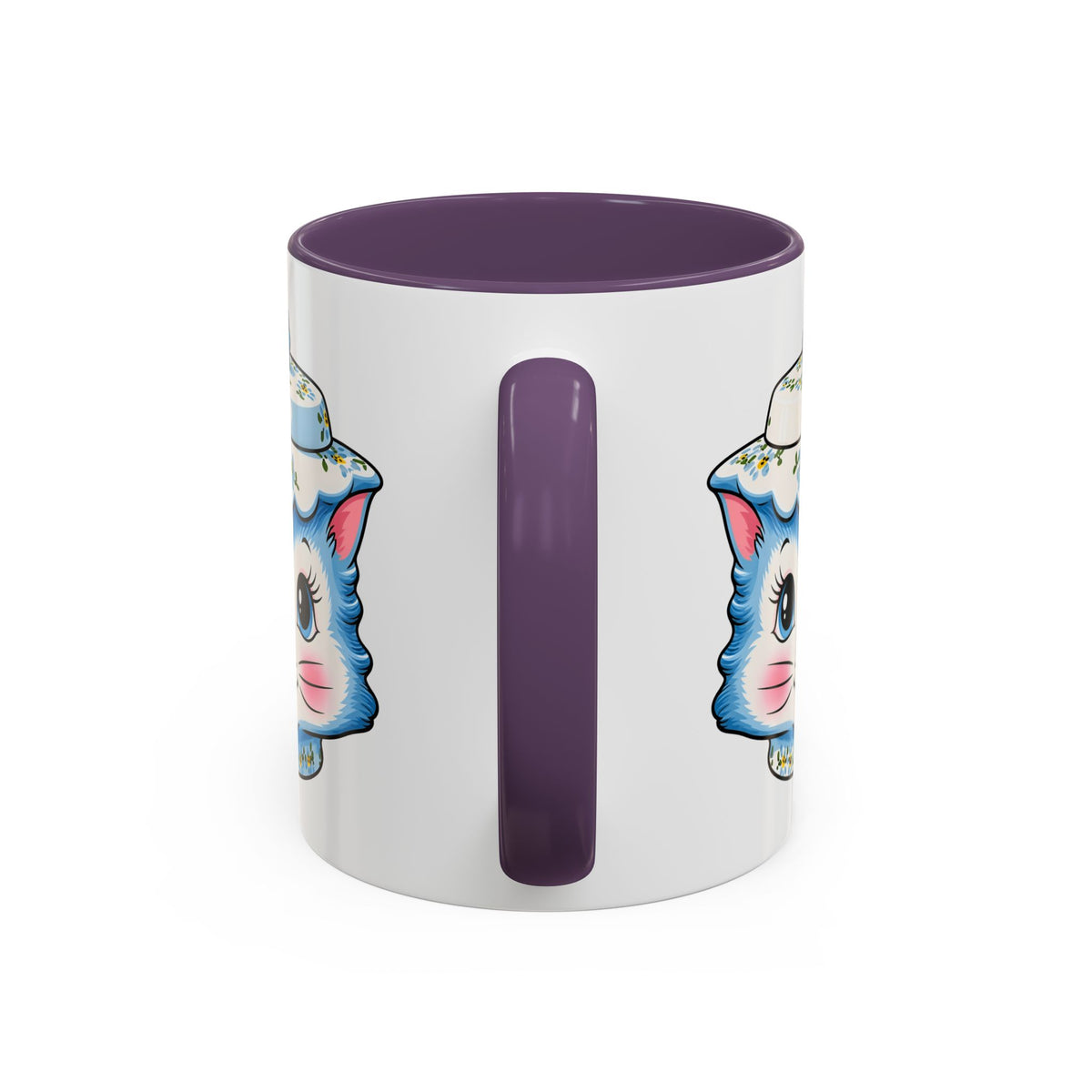 Mid Century Modern Kitschy Anthropomorphic Blue Cat with Floral Hat Accent Coffee Mug - Mid Century Modern Gal
