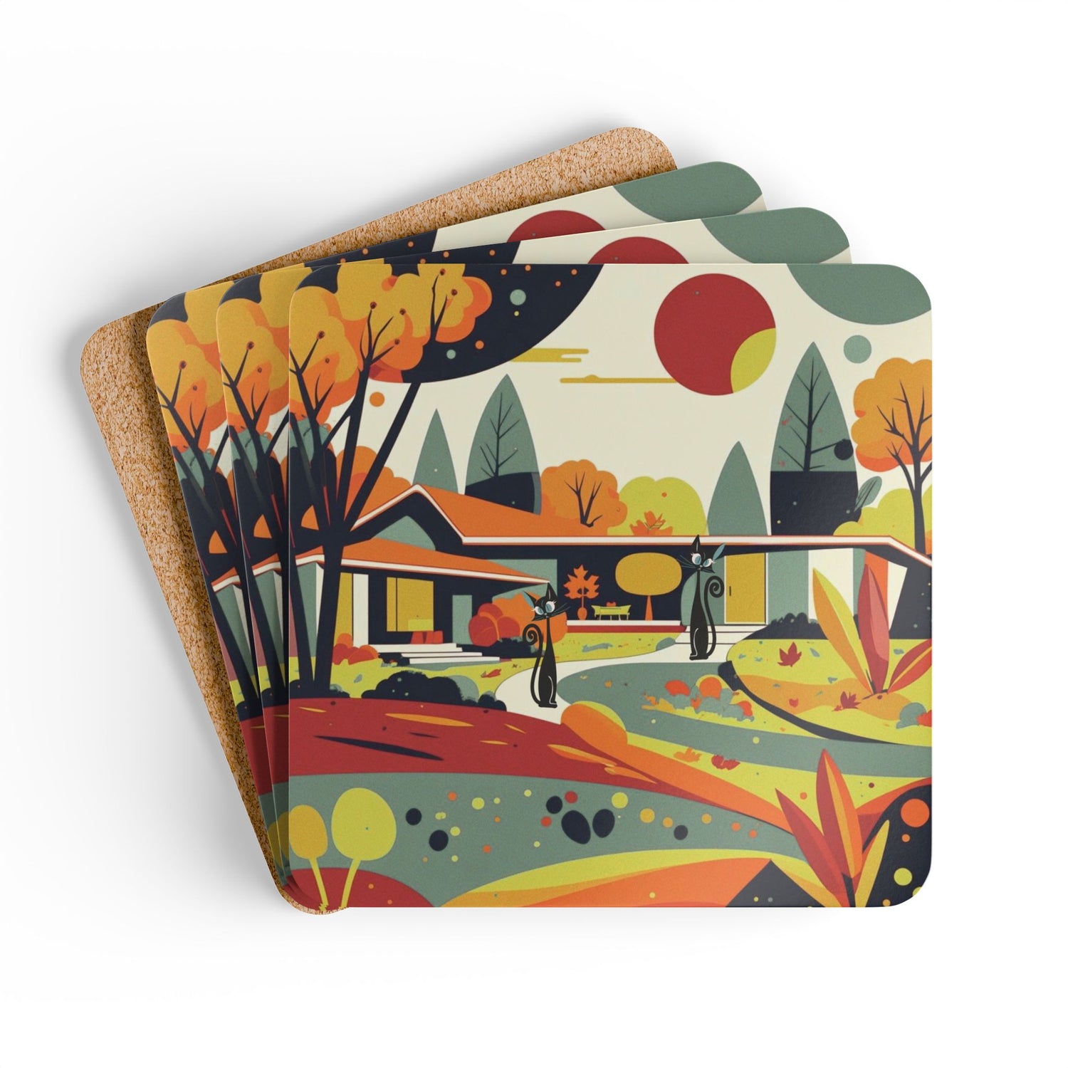 Mid Century Modern Scandinavian Floral Fall Kitschy Mod Cats Corkwood Coaster Set - Mid Century Modern Gal