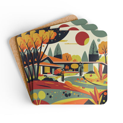 Mid Century Modern Scandinavian Floral Fall Kitschy Mod Cats Corkwood Coaster Set - Mid Century Modern Gal