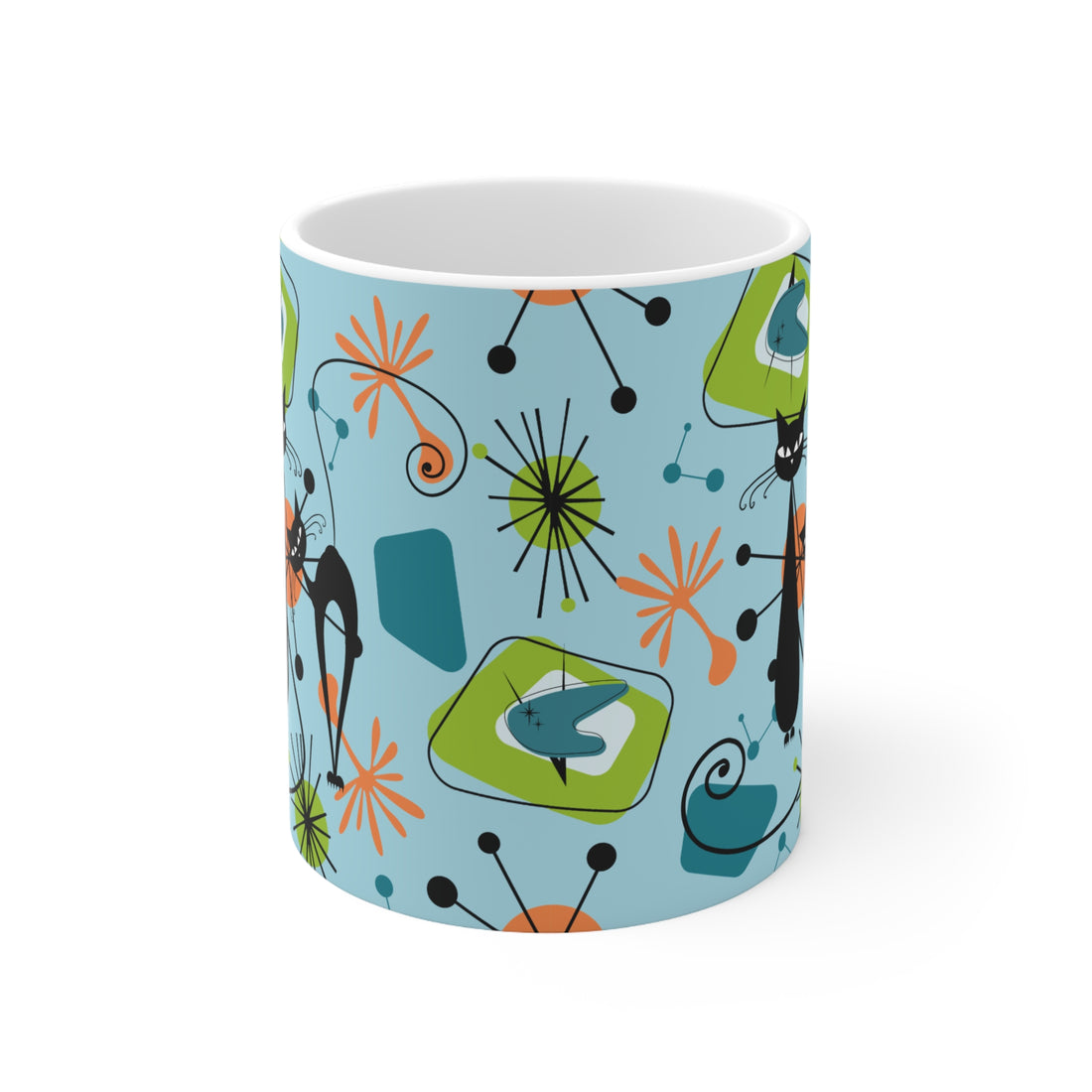 Atomic Cat Coffee Mug, Kitschy 50s Mid Century Modern Coffee, Tea, Blue, Green, Sputnik Starbursts Designs Ceramic Mug 11oz