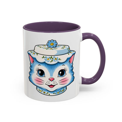 Mid Century Modern Kitschy Anthropomorphic Blue Cat with Floral Hat Accent Coffee Mug - Mid Century Modern Gal