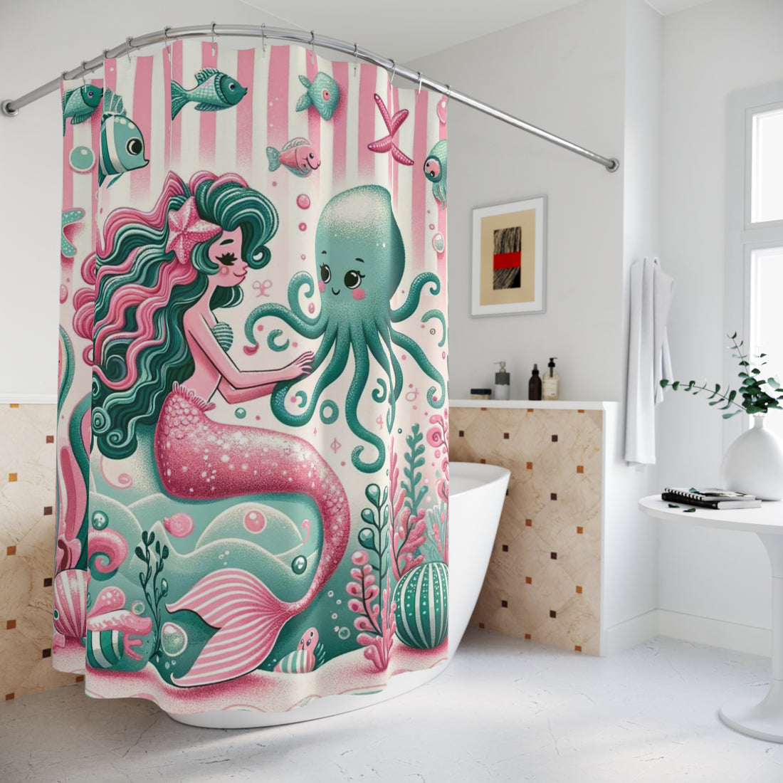 Vintage Mermaid Kitschy 50s Style, Pink, Mint Mid Century Modern Shower Curtains