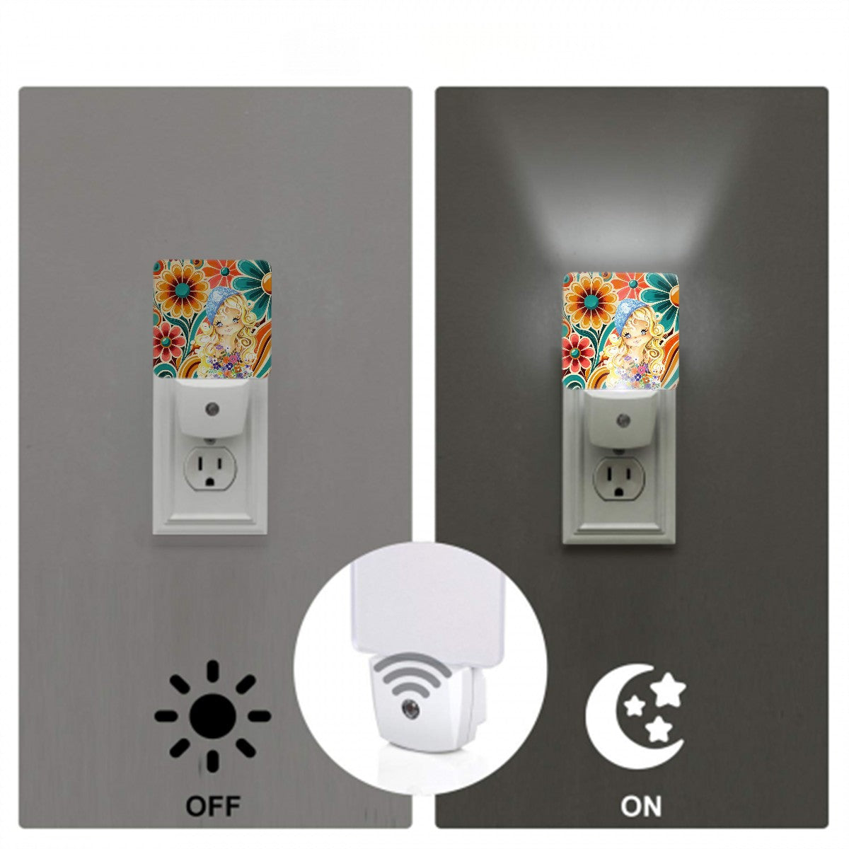 Retro 70s Flower Power Big Eyed Girl LED Night Light Set of 2 - Mid Century Modern Gal
