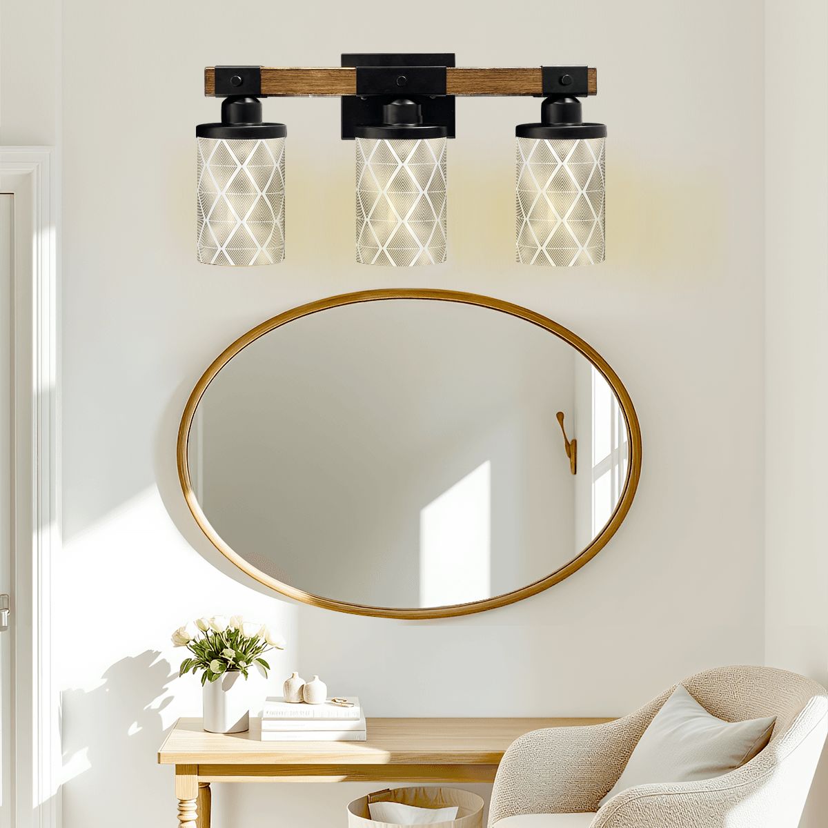 Mid Mod Art Deco Gold Flecked Diamond Pattern Retro Vanity Light Fixture - Mid Century Modern Gal